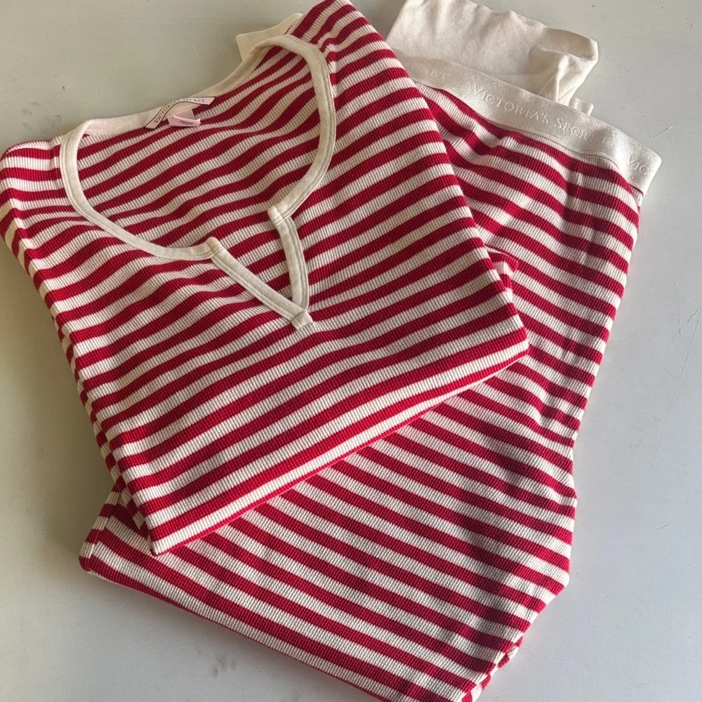 Victoria's Secret Red and White Striped thermal pajamas/ Loungewear